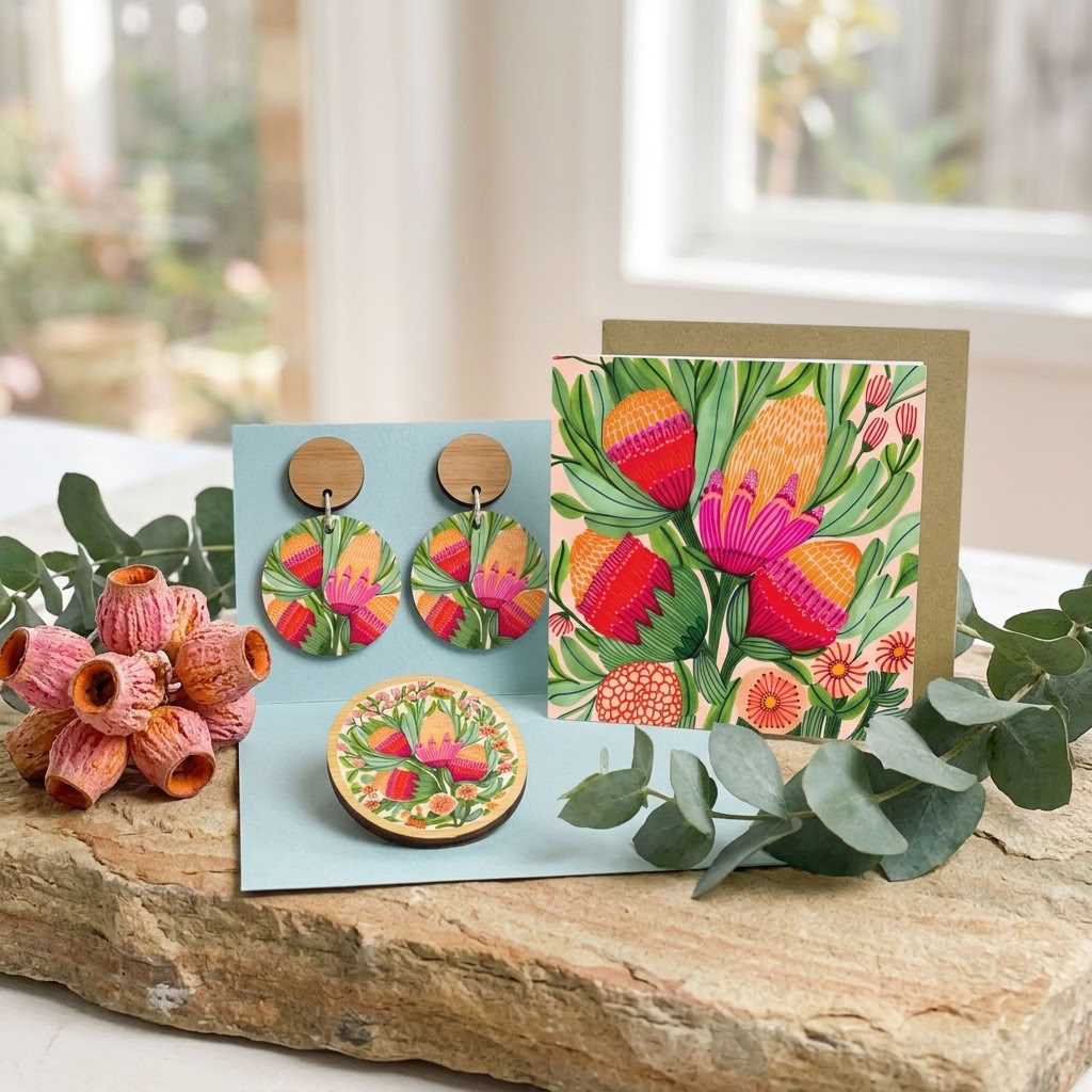 Proteas & Gum Blossoms Earrings & Brooch Gift Set - Kirsten Katz