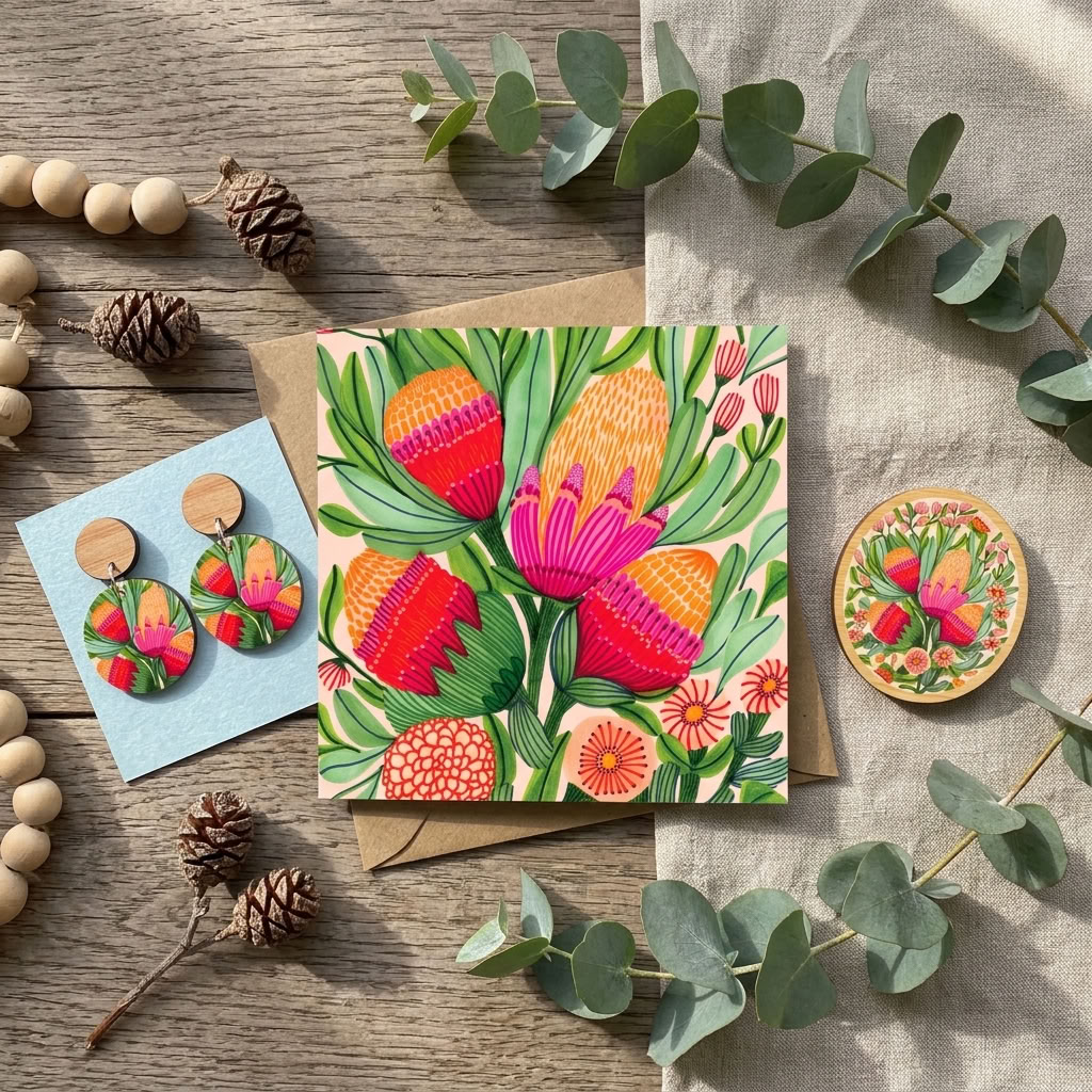 Hand-painted protea and gum blossom wooden earrings and brooch set by Kirsten Katz
