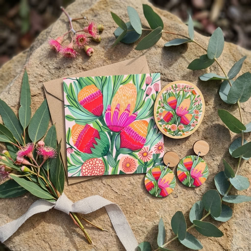 Australian protea and gum blossom jewellery gift set - earrings and brooch - Kirsten Katz
