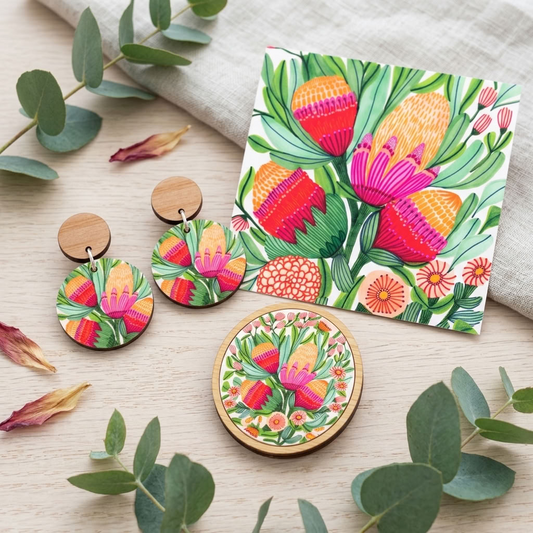 Proteas & Gum Blossoms wooden earrings and brooch, a botanical Australian gift by Kirsten Katz