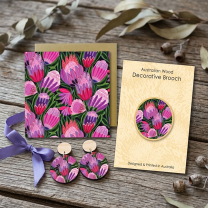 Purple Proteas Earrings & Brooch Gift Set - Kirsten Katz