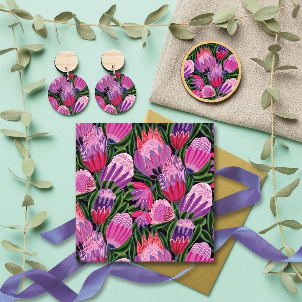 Hand-painted purple protea wooden earrings and brooch set by Kirsten Katz