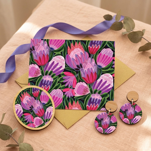 Australian purple protea jewellery gift set - earrings and brooch - Kirsten Katz