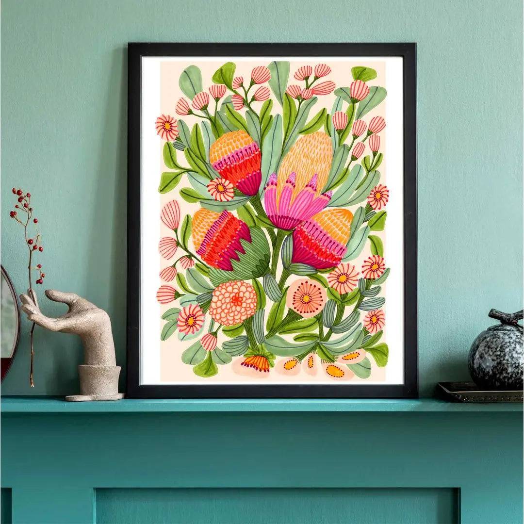 Protea and gum blossoms art print by Kirsten Katz — soft, fresh native florals
