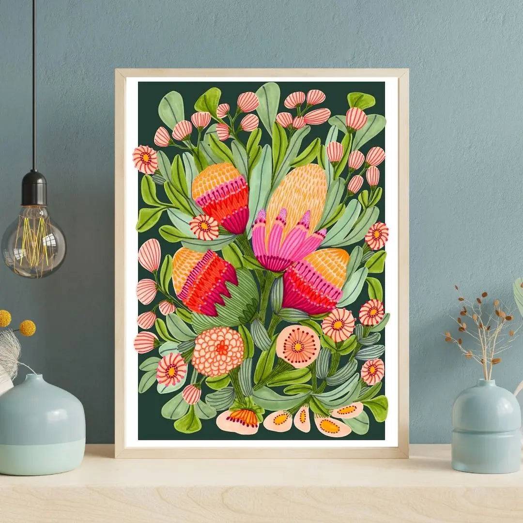 Protea and gum blossoms wall art print by Kirsten Katz — proteas, gum blossoms and banksias on a deep greeny-black ground