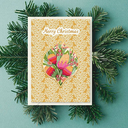 Protea & Gum Flowers Australian Christmas Card & Bauble Kirsten Katz