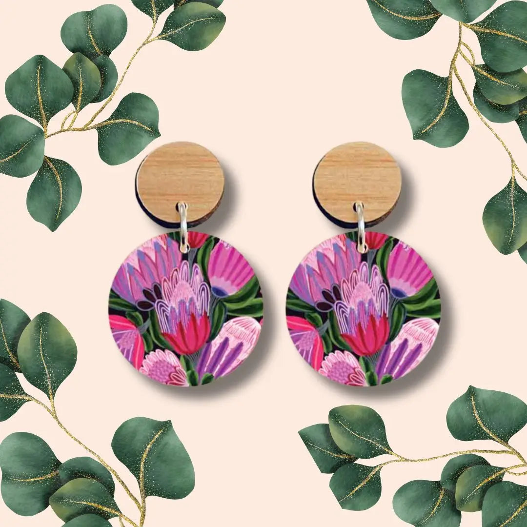 Purple Proteas Wooden Earrings  Kirsten Katz