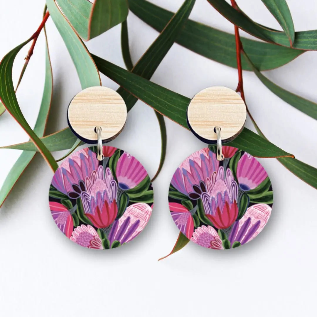 Purple Proteas Wooden Earrings  Kirsten Katz