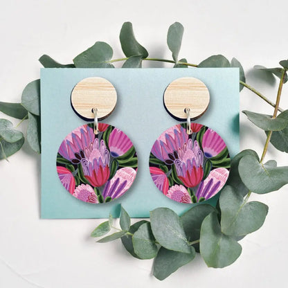 Purple Proteas Wooden Earrings  Kirsten Katz