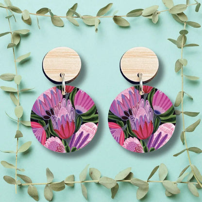 Purple Proteas Wooden Earrings  Kirsten Katz