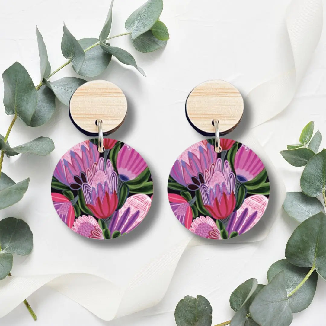 Purple Proteas Wooden Earrings  Kirsten Katz