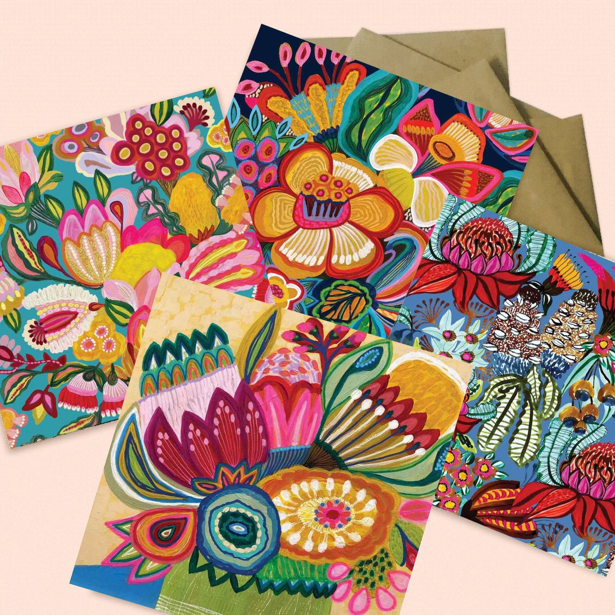 Four bold floral greeting cards with waratahs and banksias from the Radiant Flowers set by Kirsten Katz