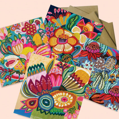 Four bold floral greeting cards with waratahs and banksias from the Radiant Flowers set by Kirsten Katz