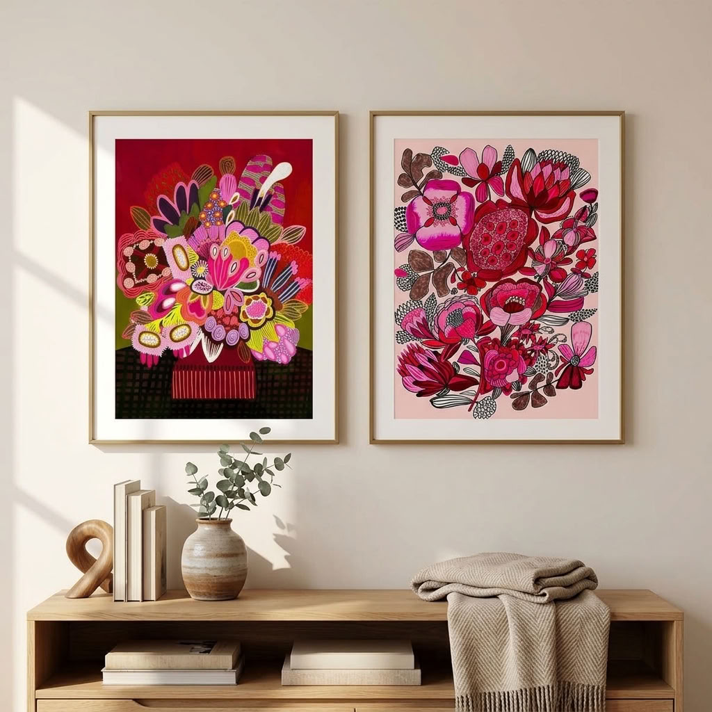 Set of two Rosa Blooms art prints by Kirsten Katz featuring stylised blooms in bold pinks and ruby reds