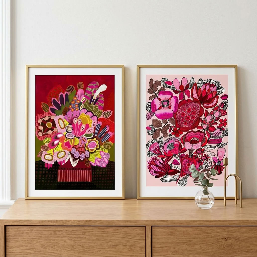 Kirsten Katz Rosa Blooms print set, Botanica Stupenda (Rouge) and Rosa Botanica floral art prints