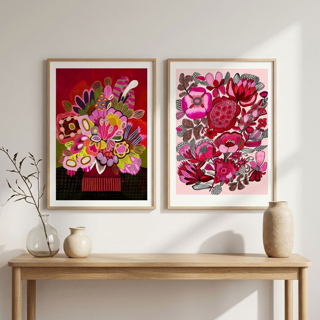 Rosa Blooms gallery wall set by Kirsten Katz, a floral still life on deep red paired with pink florals on blush