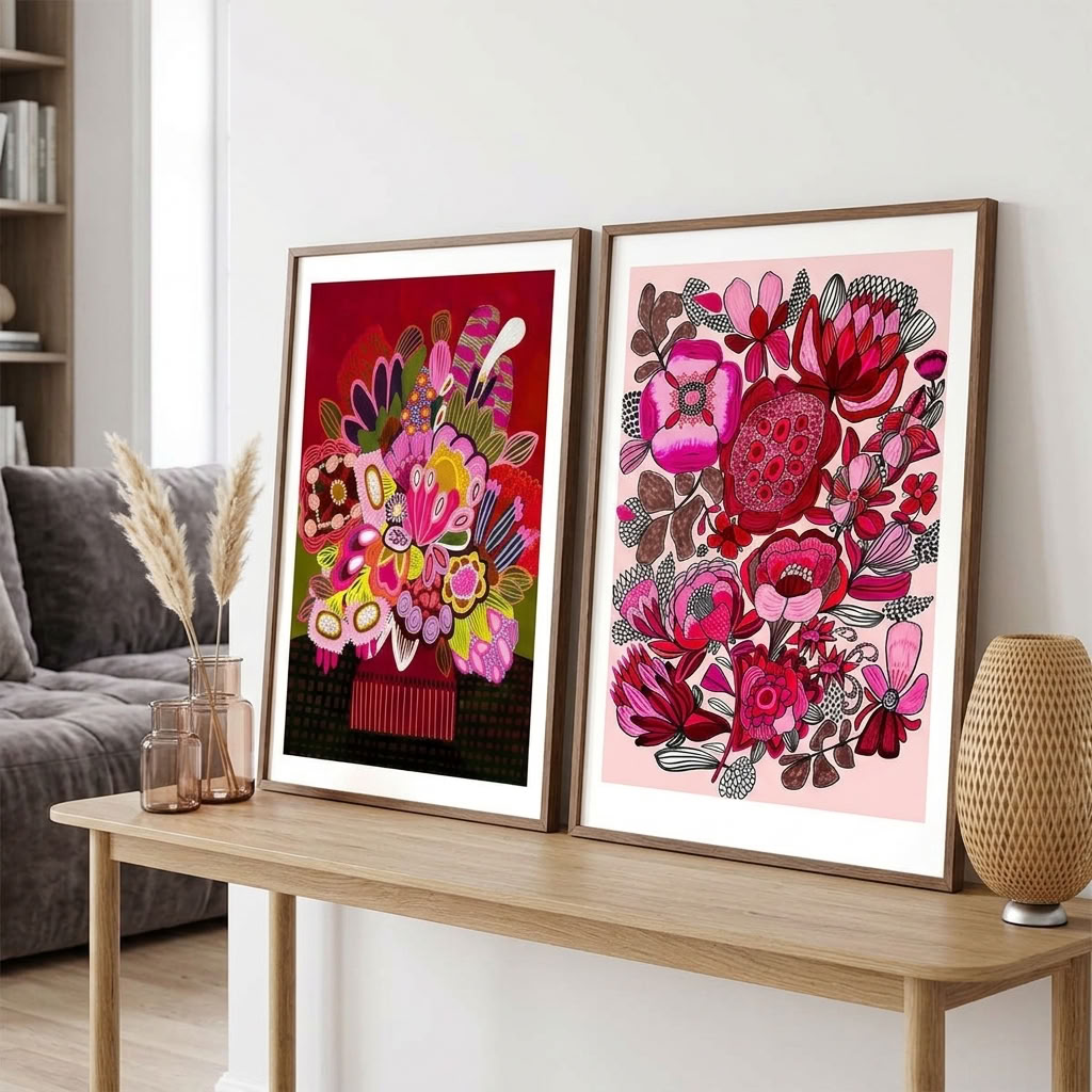 Modern floral wall art print set by Kirsten Katz, rich pink and crimson blooms with fine linework