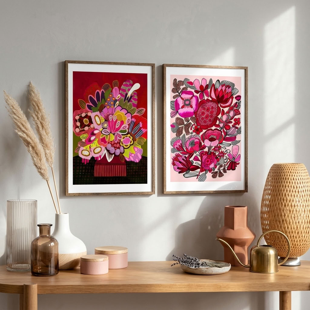 Two-print Rosa Blooms wall art set by Kirsten Katz, Australian artist, romantic pink and red botanicals