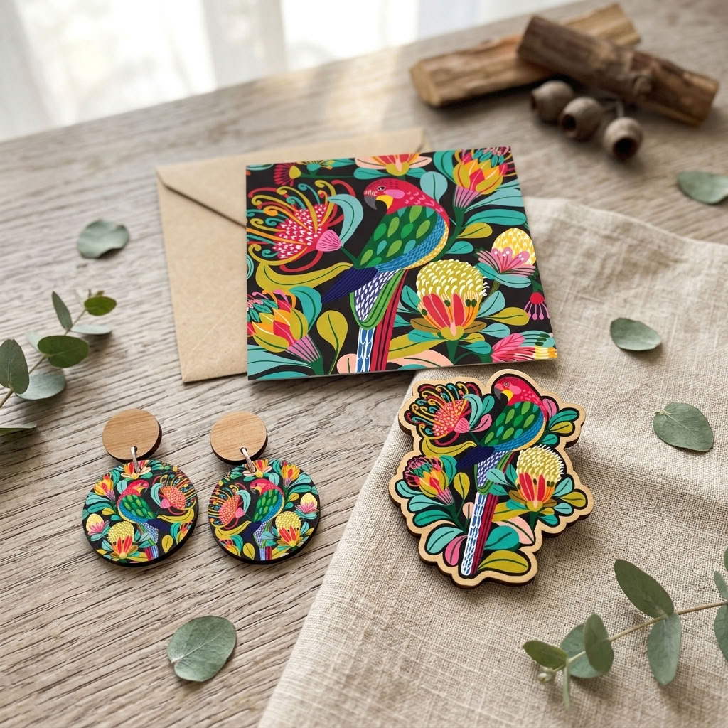 Hand-painted rosella parrot wooden earrings and brooch set by Kirsten Katz