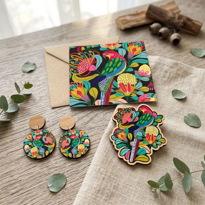 Hand-painted rosella parrot wooden earrings and brooch set by Kirsten Katz