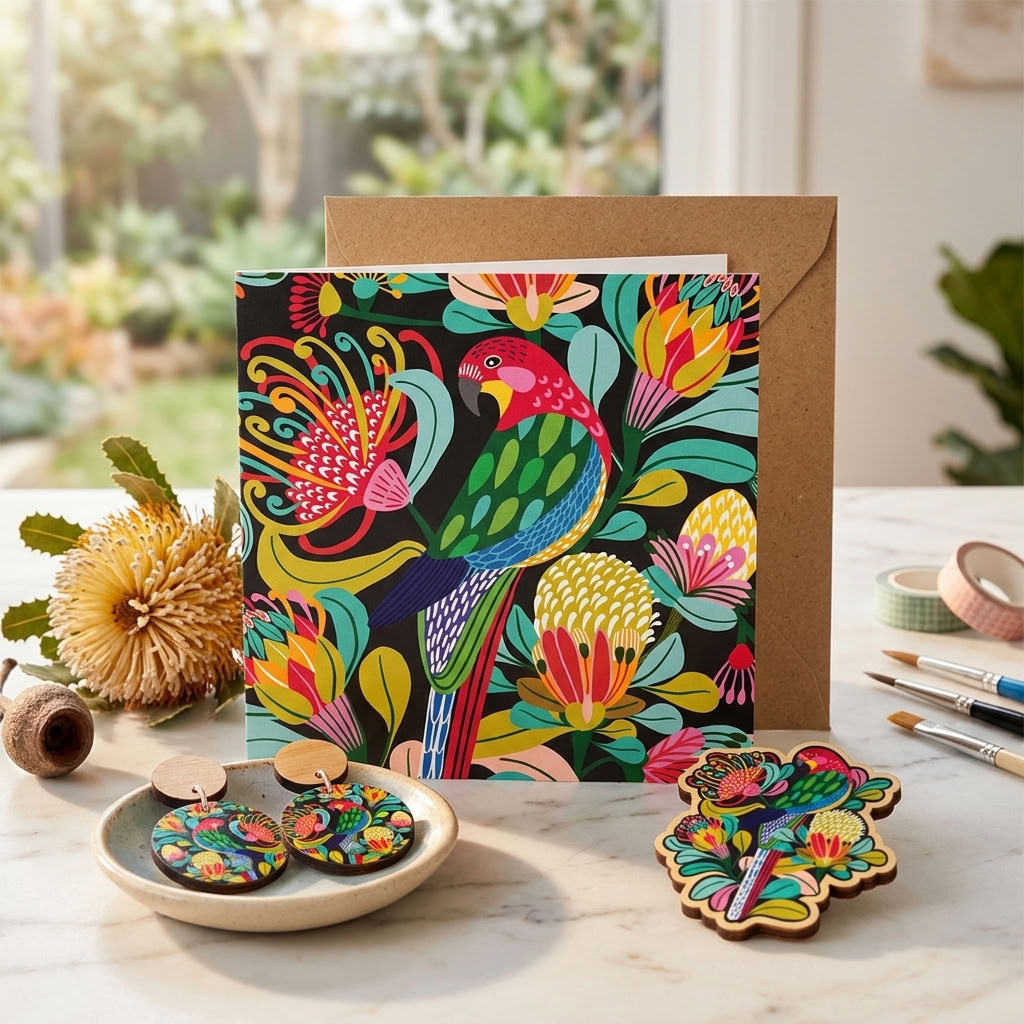 Australian rosella bird jewellery gift set - earrings and brooch - Kirsten Katz