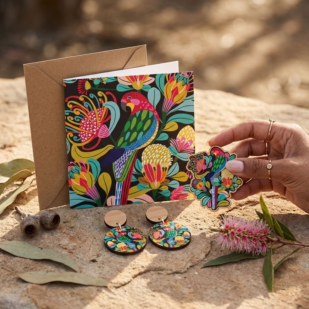 Rosella Paradise wooden earrings and brooch, a colourful Australian gift by Kirsten Katz