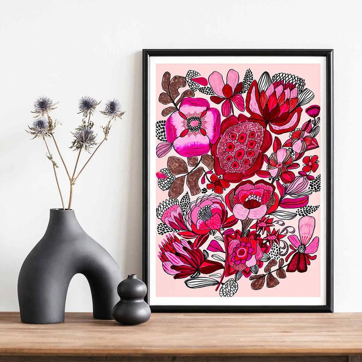Rosa Botanica Modern art print by Kirsten Katz — bold pink and crimson flowers in fine black line on blush