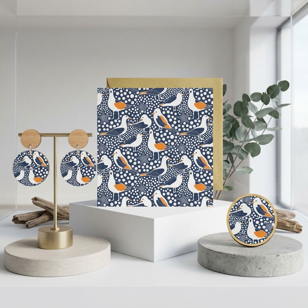 Hand-painted seagull wooden earrings and brooch set by Kirsten Katz