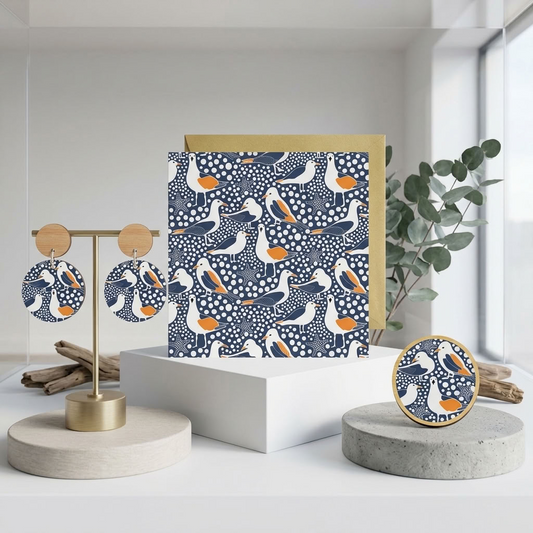 Hand-painted seagull wooden earrings and brooch set by Kirsten Katz