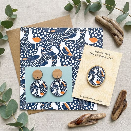 Seagulls wooden earrings and brooch, a coastal Australian gift by Kirsten Katz