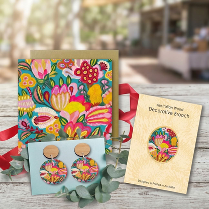 Hand-painted Sugarplum Flowers wooden earrings and brooch set by Kirsten Katz