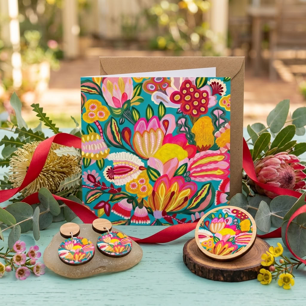 Sugarplum Flowers wooden earrings and brooch, a botanical Australian gift by Kirsten Katz