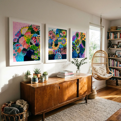 Colour Burst abstract wall art print set by Kirsten Katz, three modern abstract prints of stylised native blooms