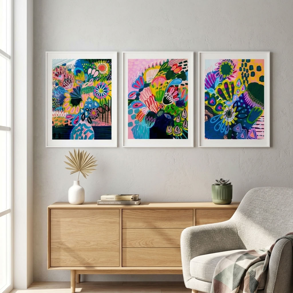Colour Burst abstract wall art print set by Kirsten Katz: three framed modern abstract floral prints in bold pink, yellow, blue and green, hung above a timber sideboard beside an armchair