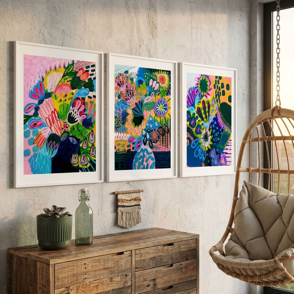 Kirsten Katz Colour Burst print set, expressive abstract florals and banksias in bright layered colour