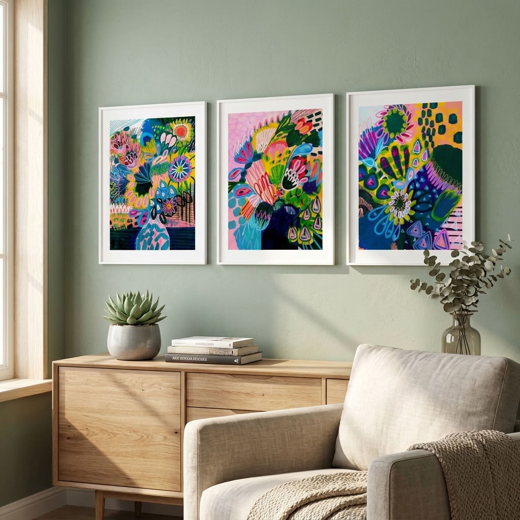 Colour Burst gallery wall set by Kirsten Katz, Summertime, Colours of Summer Flowers and Big Banksia Moody