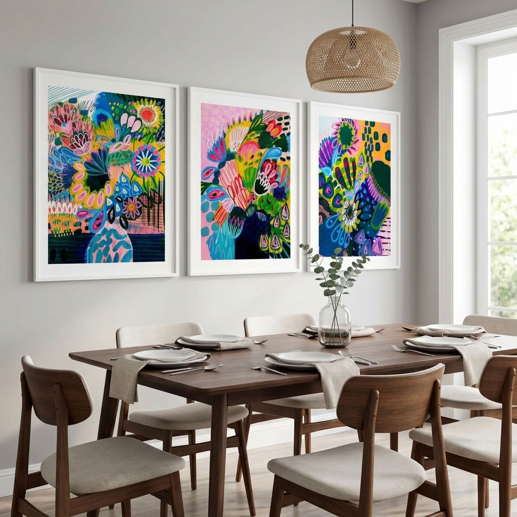 Modern abstract wall art print set by Kirsten Katz, stylised flowers in vases with bold mark-making
