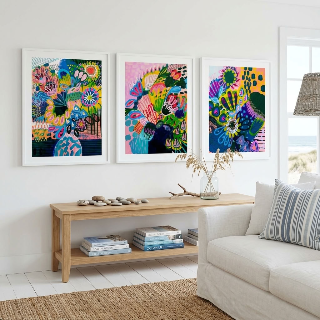 Colour Burst abstract art print set by Kirsten Katz, colourful native blooms against navy and teal