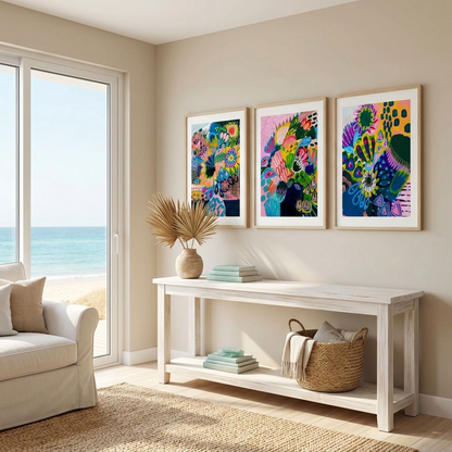 Three-print Colour Burst abstract wall art set by Kirsten Katz, Australian artist, bright energetic florals