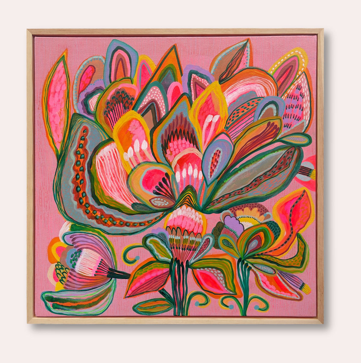 Superflora No. 1, original abstract floral painting by Australian artist Kirsten Katz, one large exotic bloom in hot pink, coral, yellow and sage on a textured pink background, in a natural pine float frame