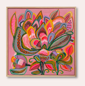 Superflora No. 1, original abstract floral painting by Australian artist Kirsten Katz, one large exotic bloom in hot pink, coral, yellow and sage on a textured pink background, in a natural pine float frame