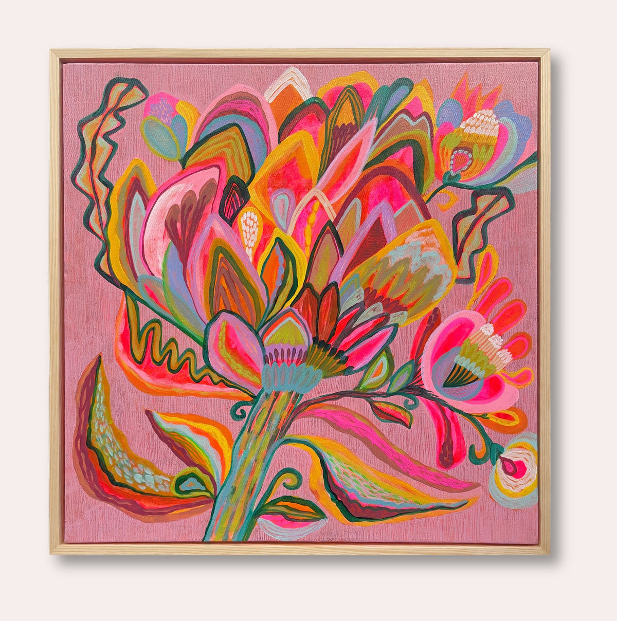 Superflora No. 2, original abstract floral painting by Australian artist Kirsten Katz, one large exotic bloom in neon pink, orange, gold and teal with zigzag leaves on a textured pink background, in a natural pine float frame