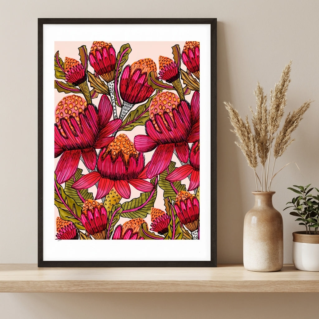 Red waratahs wall art print by Kirsten Katz — bold Australian native flowers