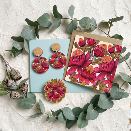 Waratah Flowers Earrings & Brooch Gift Set - Kirsten Katz