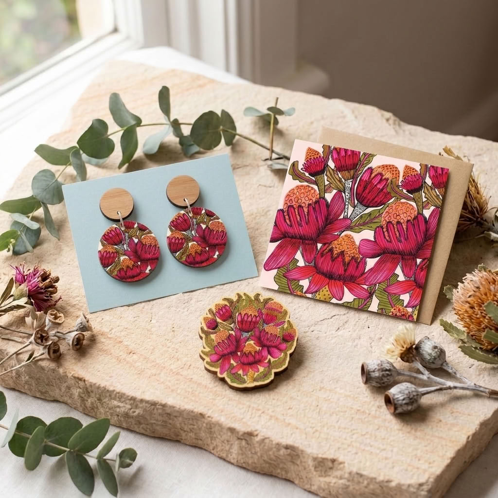 Hand-painted waratah flower wooden earrings and brooch set by Kirsten Katz