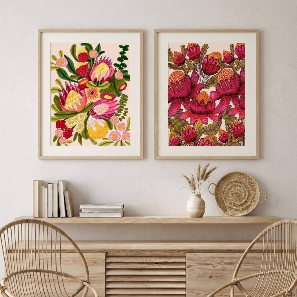 Waratahs & Proteas wall art print set by Kirsten Katz: two framed botanical prints of Australian proteas, native flowers and red waratahs on soft blush grounds, hung above a timber shelf with rattan chairs