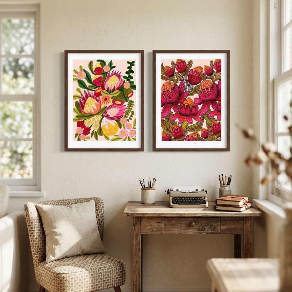 Set of two Waratahs & Proteas art prints by Kirsten Katz featuring Australian native flowers on soft blush