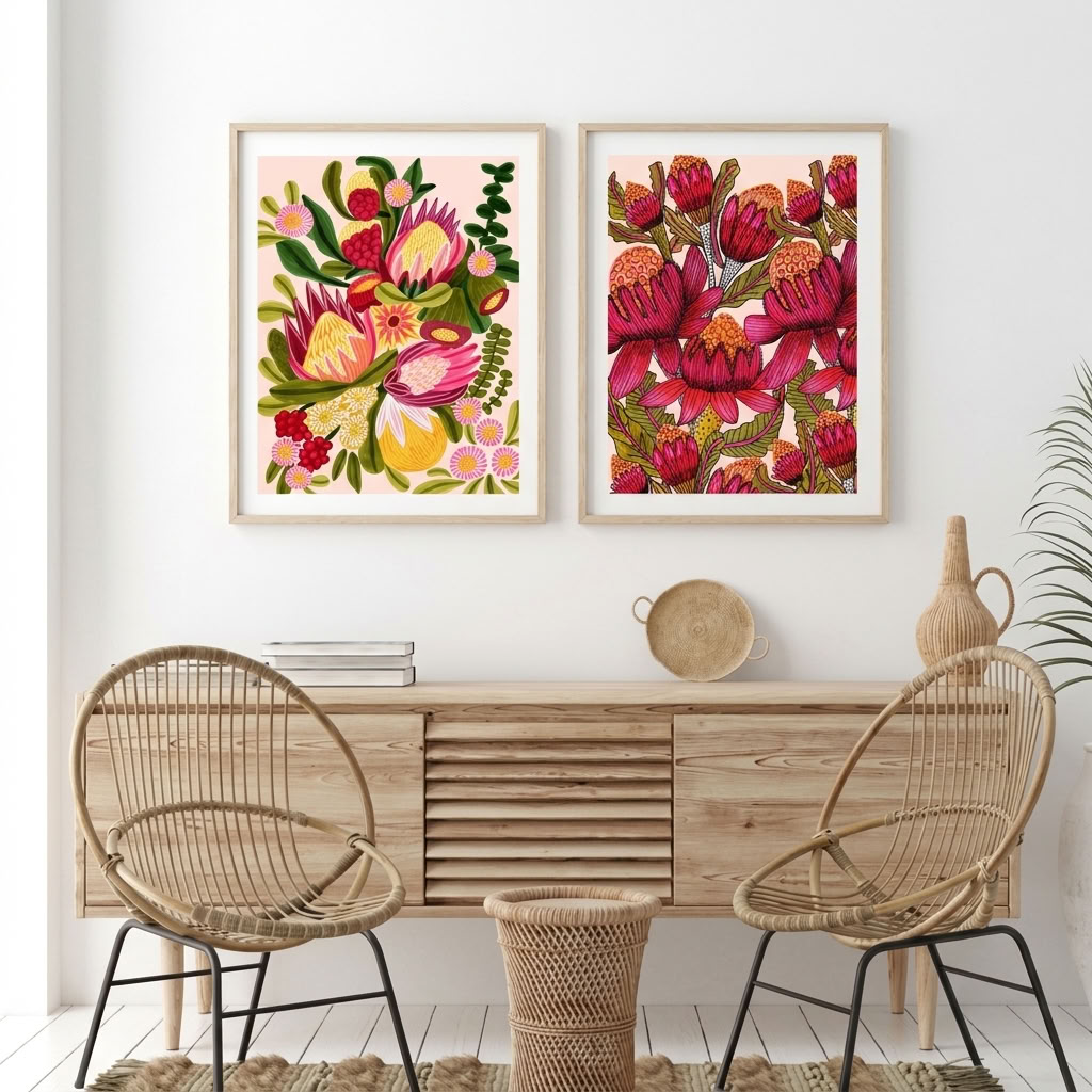 Kirsten Katz Waratahs & Proteas print set, Australian Native Flora & Proteas and Waratahs botanical prints