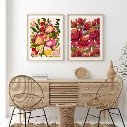 Kirsten Katz Waratahs & Proteas print set, Australian Native Flora & Proteas and Waratahs botanical prints