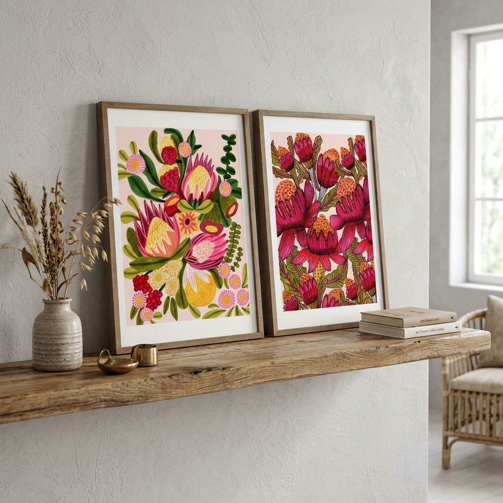 Waratahs & Proteas gallery wall set by Kirsten Katz, crimson waratahs beside pink proteas and yellow blooms